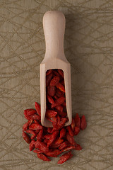 Image showing Wooden scoop with dry red goji berries