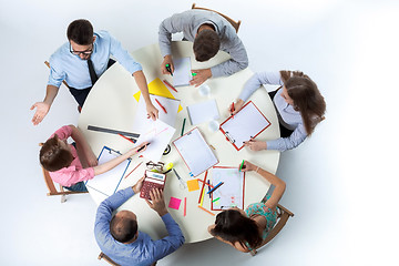 Image showing Top view of business team on workspace background 