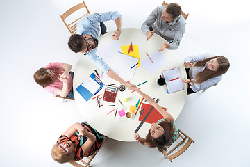 Image showing Top view of business team on workspace background 