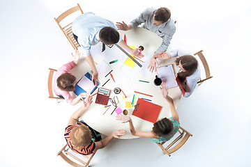 Image showing Top view of business team on workspace background 