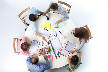 Image showing Top view of business team on workspace background 