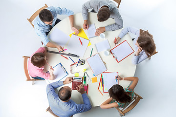 Image showing Top view of business team on workspace background 