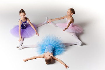 Image showing Three little ballet girls sitting in tutu and posing together