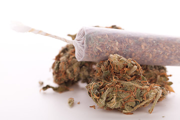 Image showing Close up of dried marijuana leaves and joint