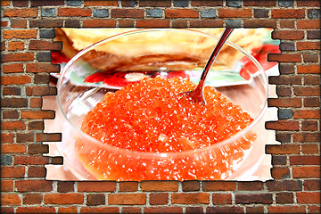 Image showing broken brickwall with red caviar in plate