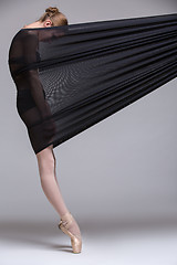 Image showing Slim dancer plays with black mesh fabric