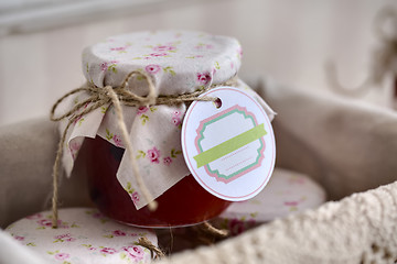 Image showing Close up of a jar jam with empty tag