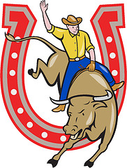 Image showing Rodeo Cowboy Bull Riding Horseshoe Cartoon