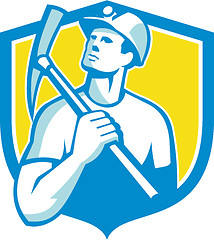 Image showing Coal Miner Holding Pick Axe Looking Up Shield Retro