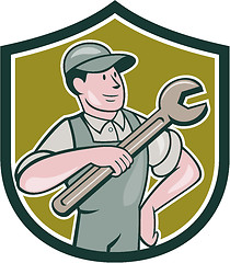 Image showing Mechanic Pointing Spanner Wrench Shield Cartoon