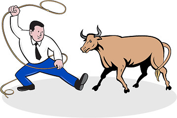 Image showing Businessman Holding Lasso Bull Cartoon