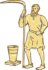 Image showing Medieval Farmer Holding Scythe Etching