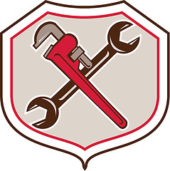 Image showing Pipe Wrench Spanner Crossed Shield Cartoon