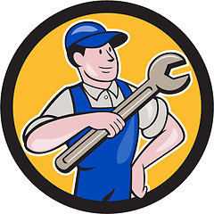 Image showing Mechanic Pointing Spanner Wrench Circle Cartoon