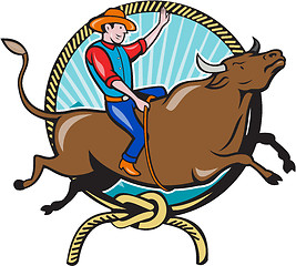 Image showing Rodeo Cowboy Bull Riding Lasso Cartoon