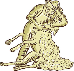 Image showing Farmworker Shearing Sheep Etching