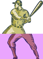 Image showing Baseball Player Batter Batting Bat Etching