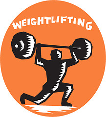 Image showing Weightlifter Lifting Weights Oval Woodcut