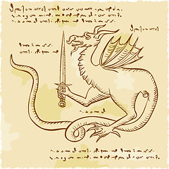 Image showing Dragon Holding Sword Etching