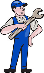 Image showing Mechanic Pointing Spanner Wrench Isolated Cartoon