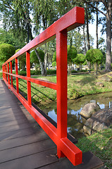 Image showing Red bridge in Chinese Garden 