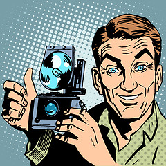 Image showing Photographer with retro camera hand gesture all is well