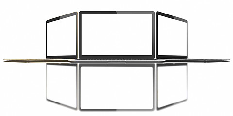 Image showing Gold, Silver and Space Gray Laptop with blank white screen