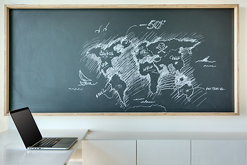 Image showing Painted white chalk map of the world in a humorous style