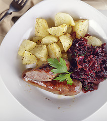 Image showing Bratwurst with Red Cabbage and Potatoes