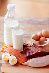 Image showing close up of natural protein food on wooden table