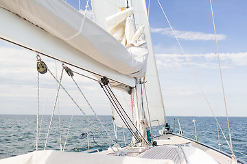 Image showing close up of sailboat mast or yacht sailing on sea