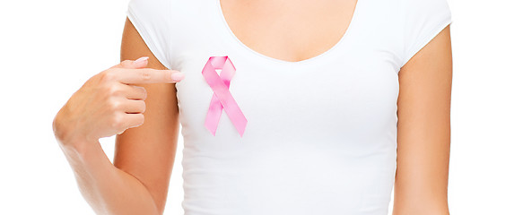 Image showing woman in blank t-shirt with pink cancer ribbon