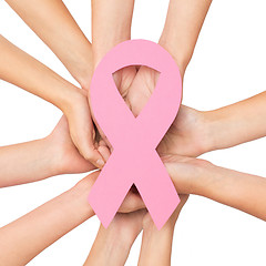 Image showing close up of hands with cancer awareness symbol