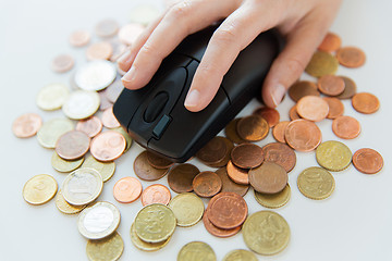 Image showing close up of hand with computer mouse on money