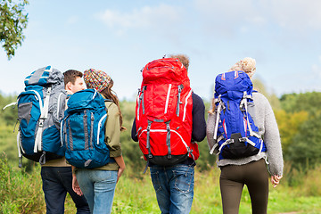 Image showing group of friends with backpacks hiking
