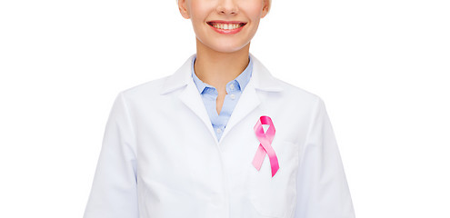 Image showing female doctor with breast cancer awareness ribbon