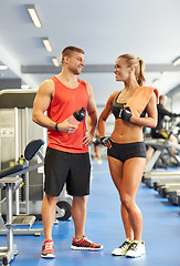 Image showing smiling man and woman talking in gym