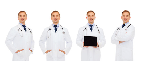 Image showing happy doctors with tablet pc and stethoscope