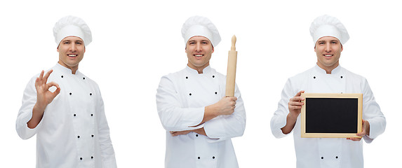 Image showing happy male chef baker with menu board showing ok