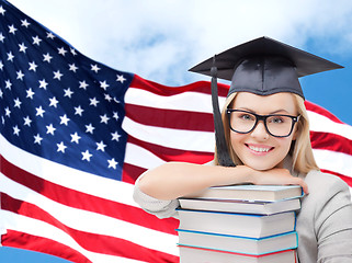 Image showing happy student girl with books over american flag