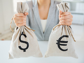 Image showing close up of woman hands holding money bags