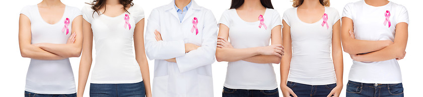 Image showing smiling women with pink cancer awareness ribbons