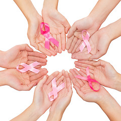 Image showing close up of hands with cancer awareness symbol