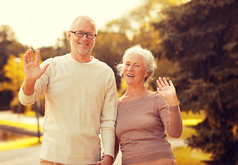 Image showing senior couple hugging in city park