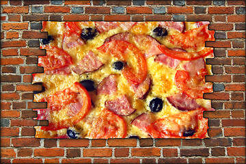 Image showing broken brick wall and view to tasty pizza