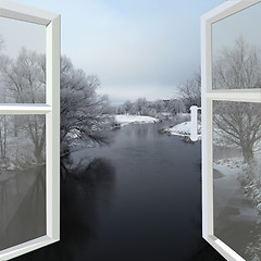 Image showing open window to the winter river