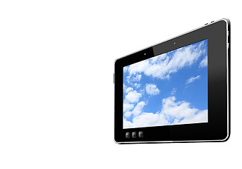 Image showing black tablet with picture of blue sky isolated