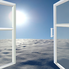 Image showing opened window to the winter solar landscape