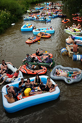 Image showing VANTAA, FINLAND – AUGUST 1, 2015: Beer Floating (kaljakellunta