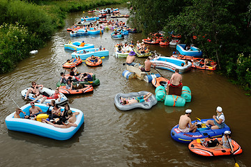 Image showing VANTAA, FINLAND – AUGUST 1, 2015: Beer Floating (kaljakellunta